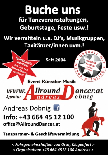 Visitenkarte Buche uns 06644512100 AllroundDancer.at Freizeit&Tanzclub Andreas&Friends